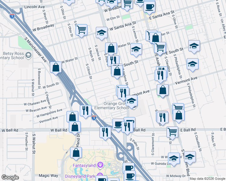 map of restaurants, bars, coffee shops, grocery stores, and more near 522 West Hampshire Avenue in Anaheim
