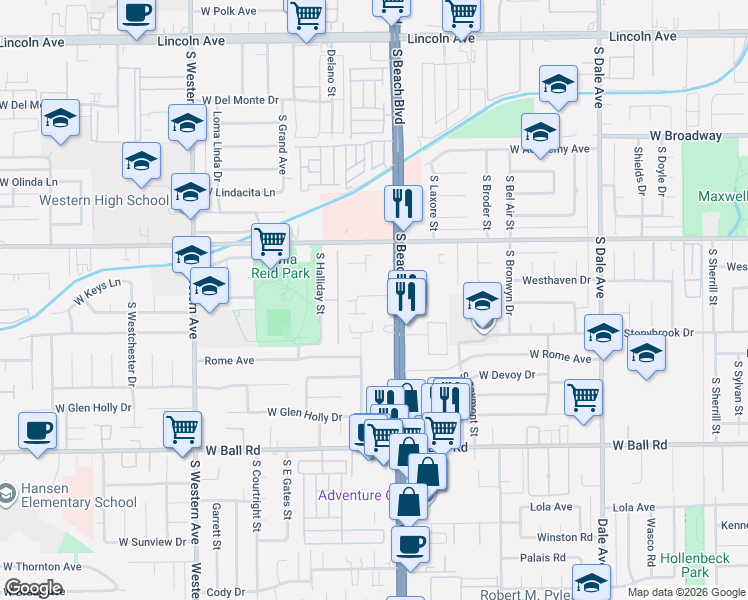 map of restaurants, bars, coffee shops, grocery stores, and more near 712 South Hayward Street in Anaheim