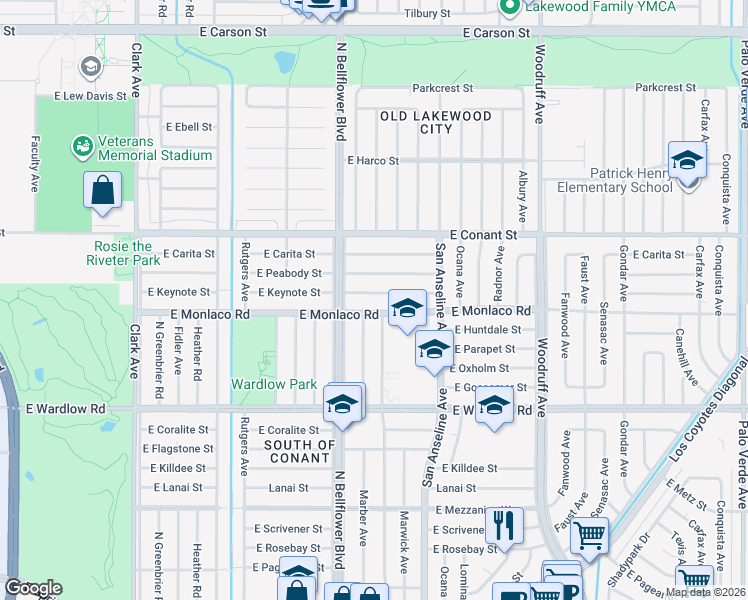 map of restaurants, bars, coffee shops, grocery stores, and more near 5542 East Monlaco Road in Long Beach
