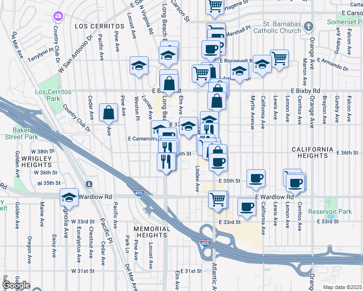 map of restaurants, bars, coffee shops, grocery stores, and more near 3601 Elm Avenue in Long Beach