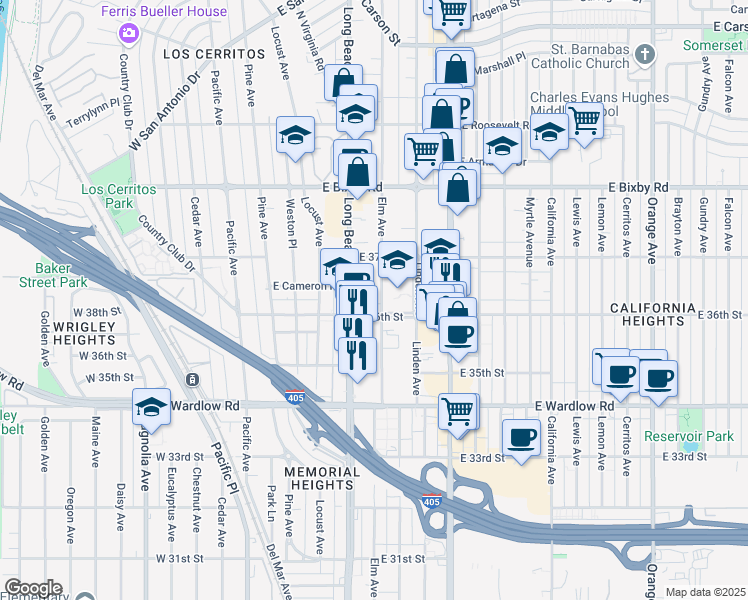 map of restaurants, bars, coffee shops, grocery stores, and more near 3601 Elm Avenue in Long Beach