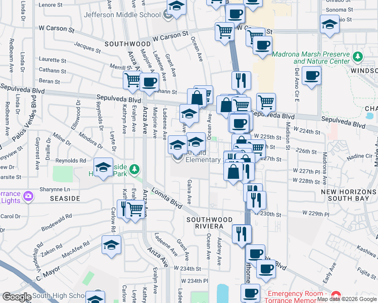 map of restaurants, bars, coffee shops, grocery stores, and more near 4100 West 227th Street in Torrance