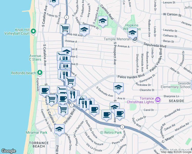 map of restaurants, bars, coffee shops, grocery stores, and more near 1243 South Helberta Avenue in Redondo Beach