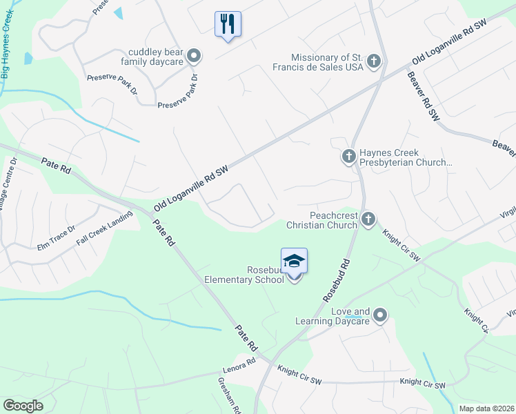 map of restaurants, bars, coffee shops, grocery stores, and more near 1775 Logan Ridge Circle in Loganville