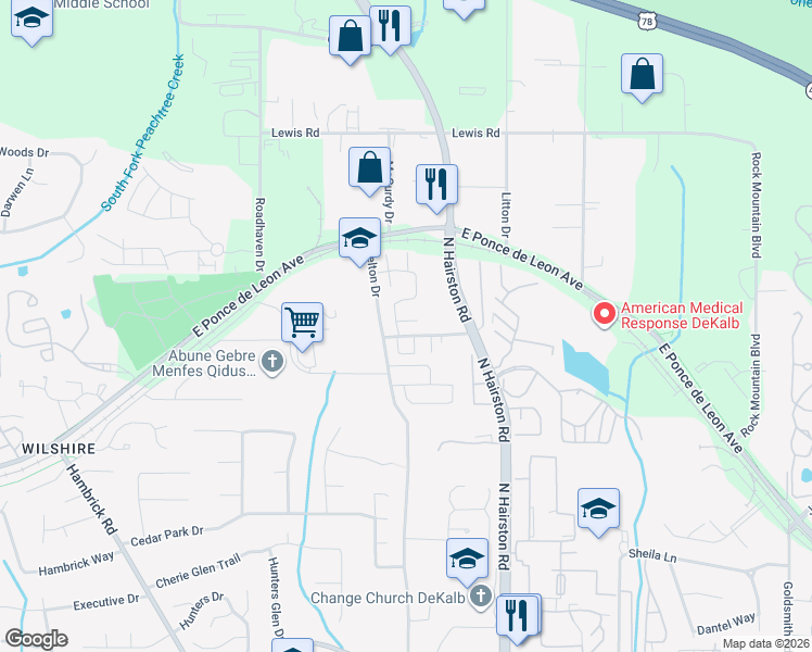 map of restaurants, bars, coffee shops, grocery stores, and more near 1416 Stonegate Court in Stone Mountain