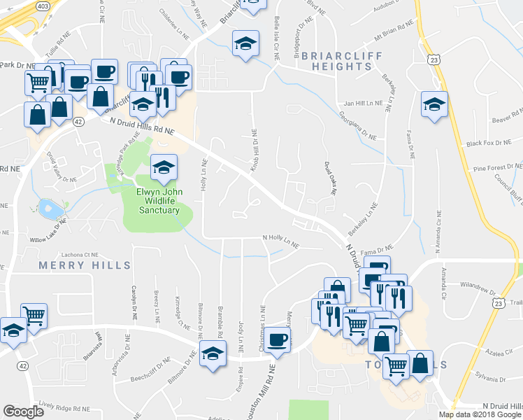 map of restaurants, bars, coffee shops, grocery stores, and more near 1338 North Crossing Drive in Atlanta