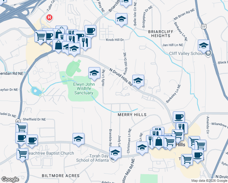 map of restaurants, bars, coffee shops, grocery stores, and more near 1422 North Crossing Drive in Atlanta