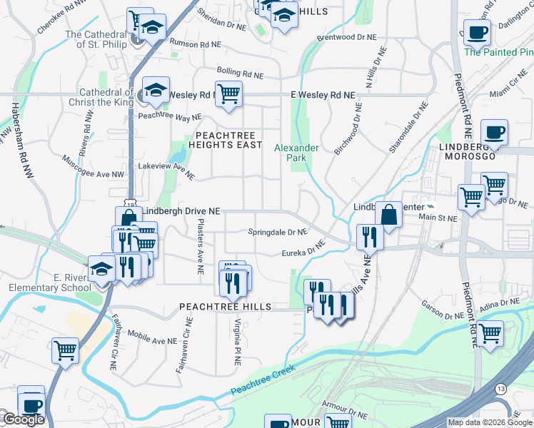 map of restaurants, bars, coffee shops, grocery stores, and more near 244 Springdale Drive Northeast in Atlanta