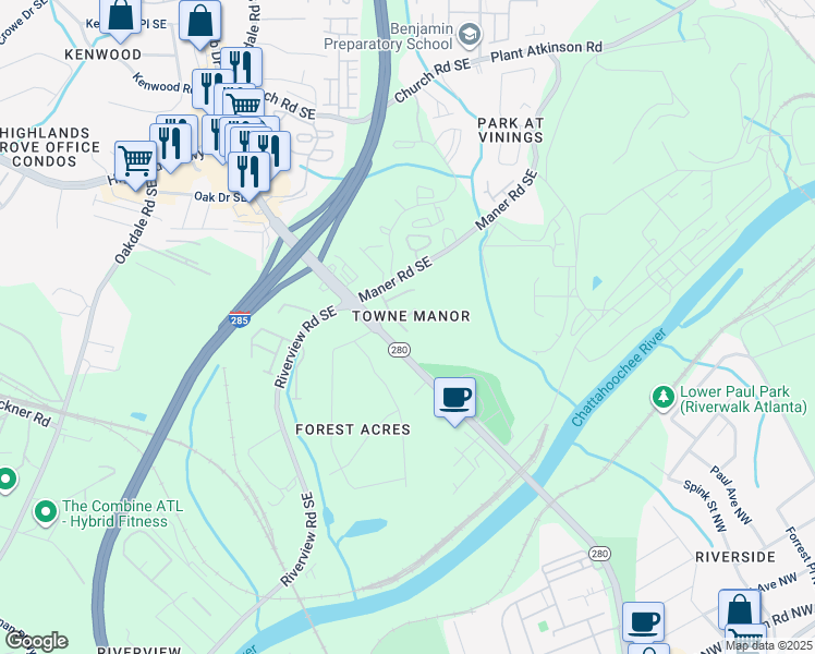 map of restaurants, bars, coffee shops, grocery stores, and more near 2464 Elmwood Circle Southeast in Atlanta