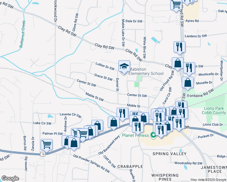 map of restaurants, bars, coffee shops, grocery stores, and more near 5392 Daniel Street in Mableton