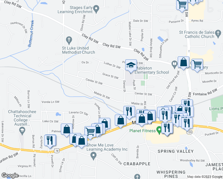 map of restaurants, bars, coffee shops, grocery stores, and more near 1104 Mable Street in Mableton