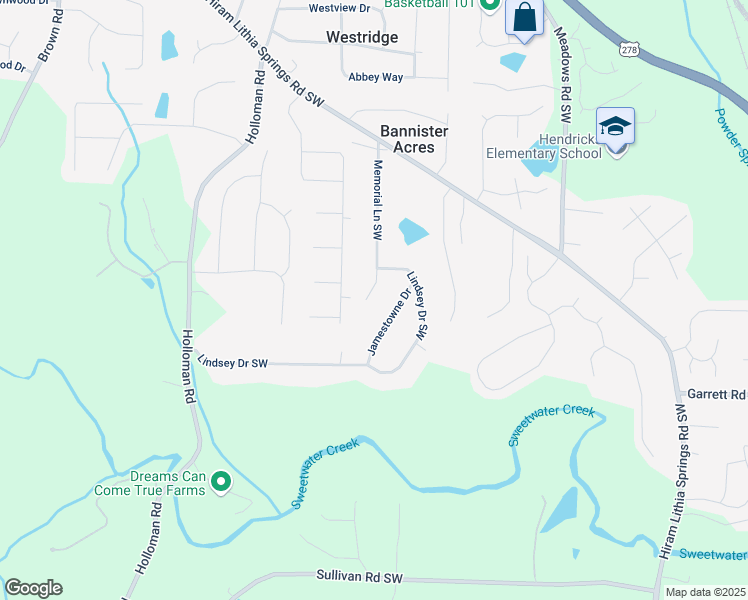 map of restaurants, bars, coffee shops, grocery stores, and more near 5347 Memorial Lane Southwest in Powder Springs