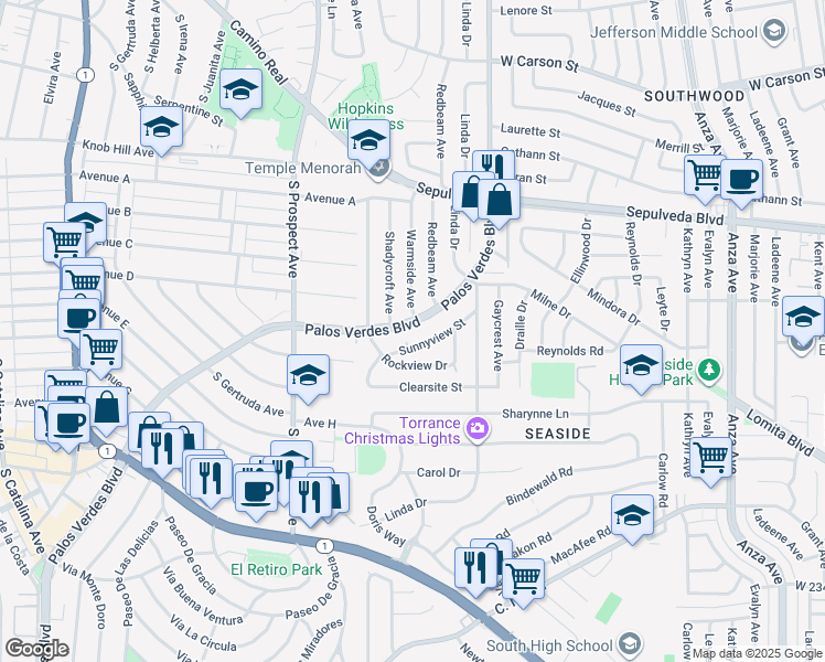 map of restaurants, bars, coffee shops, grocery stores, and more near 5608 Palos Verdes Boulevard in Torrance