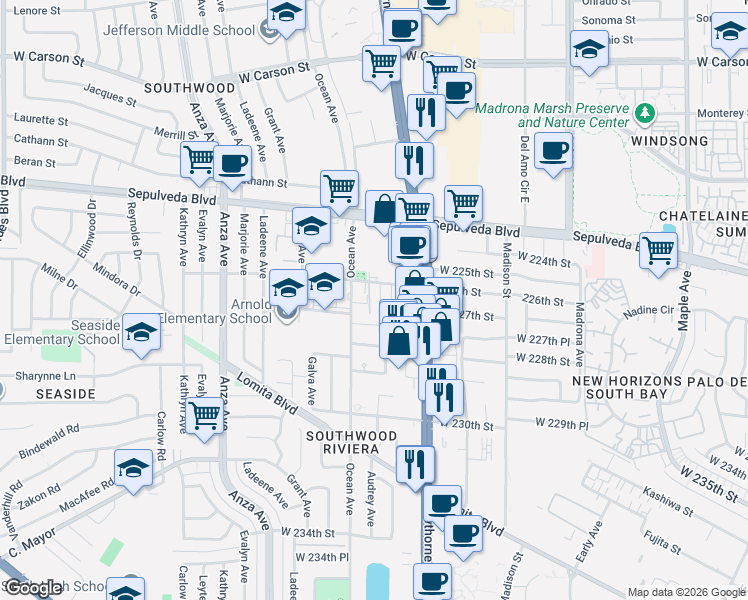 map of restaurants, bars, coffee shops, grocery stores, and more near 3858 West 226th Street in Torrance