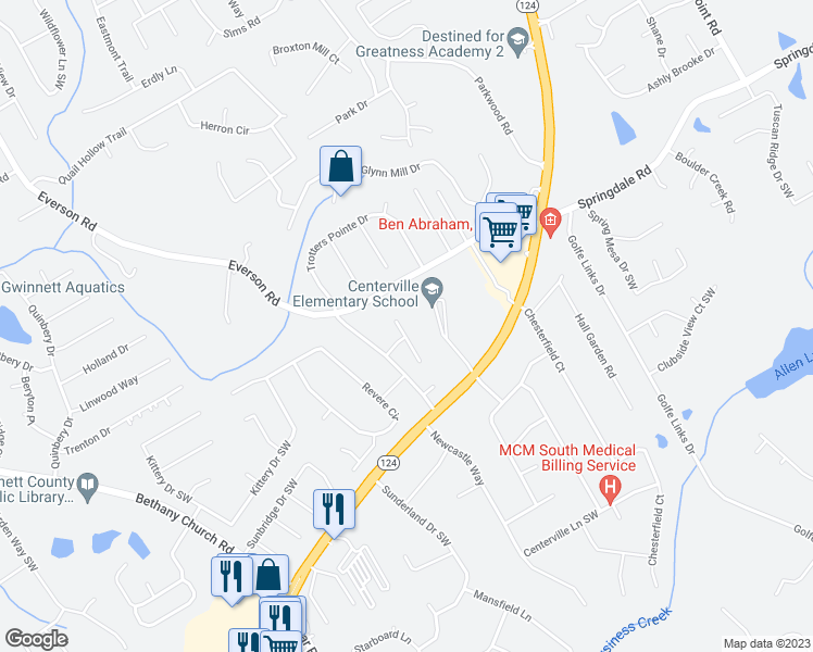 map of restaurants, bars, coffee shops, grocery stores, and more near 3030 Everson Court in Snellville