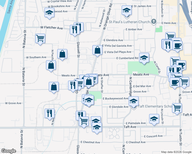map of restaurants, bars, coffee shops, grocery stores, and more near 338 East Meats Avenue in Orange