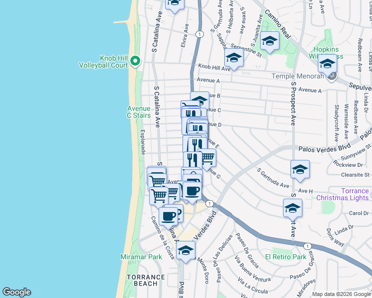 map of restaurants, bars, coffee shops, grocery stores, and more near 227 Avenue F in Redondo Beach
