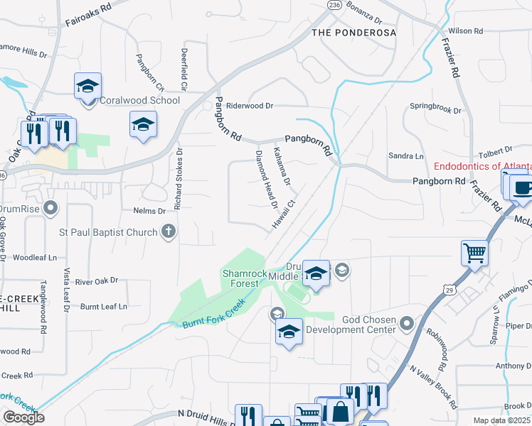 map of restaurants, bars, coffee shops, grocery stores, and more near 2700 Hawaii Court in Decatur