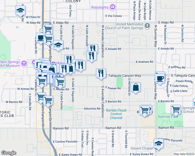 map of restaurants, bars, coffee shops, grocery stores, and more near 901 East Tahquitz Canyon Way in Palm Springs