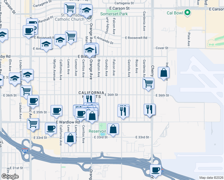 map of restaurants, bars, coffee shops, grocery stores, and more near 1506 East 36th Street in Long Beach