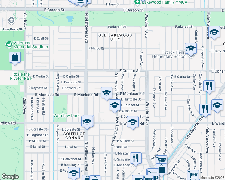 map of restaurants, bars, coffee shops, grocery stores, and more near 5638 East Keynote Street in Long Beach