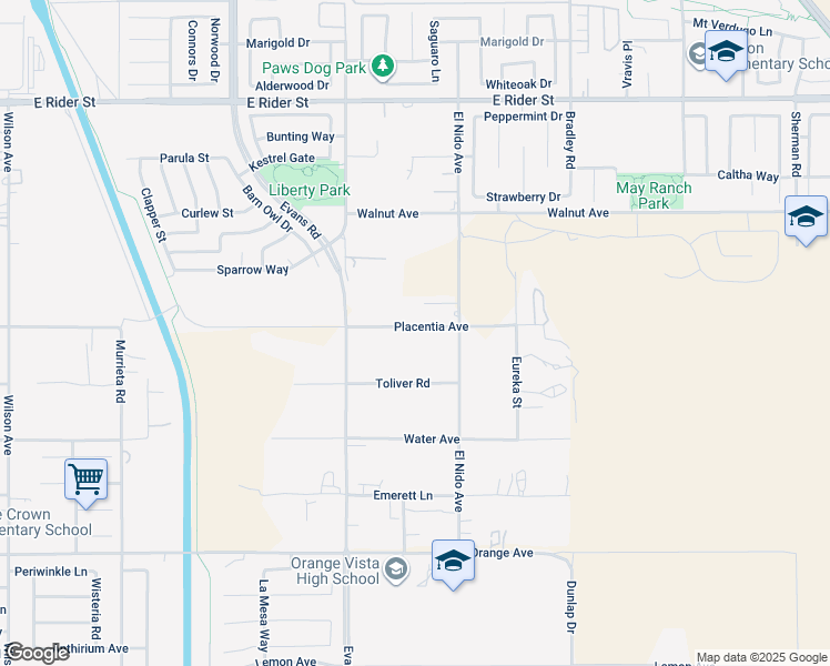map of restaurants, bars, coffee shops, grocery stores, and more near 26625 Placentia Avenue in Perris