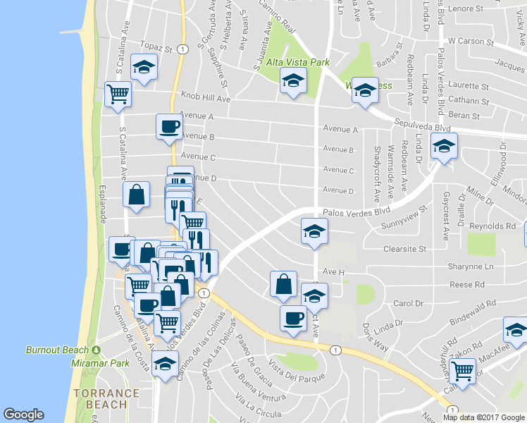 map of restaurants, bars, coffee shops, grocery stores, and more near 1243 South Helberta Avenue in Redondo Beach