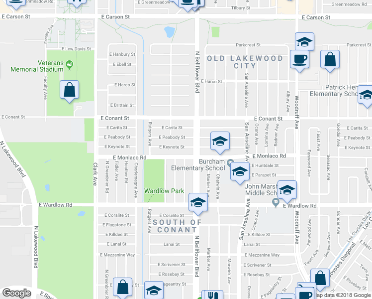 map of restaurants, bars, coffee shops, grocery stores, and more near 5426 East Keynote Street in Long Beach