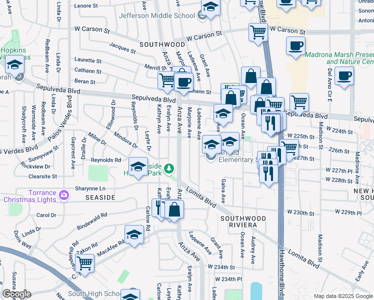 map of restaurants, bars, coffee shops, grocery stores, and more near 22633 Marjorie Avenue in Torrance