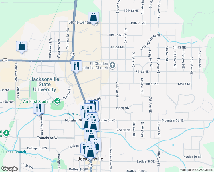 map of restaurants, bars, coffee shops, grocery stores, and more near 514 2nd Avenue Northeast in Jacksonville