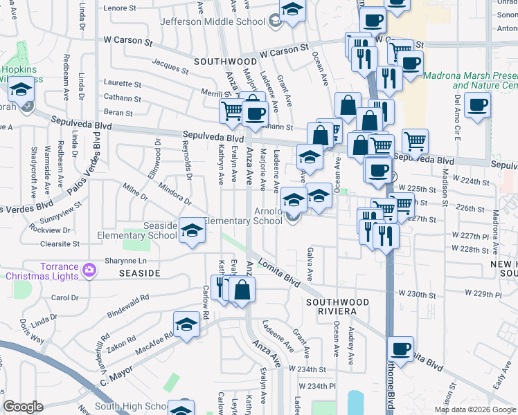 map of restaurants, bars, coffee shops, grocery stores, and more near 22633 Marjorie Avenue in Torrance