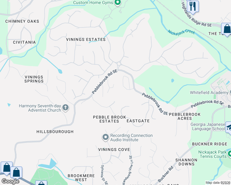 map of restaurants, bars, coffee shops, grocery stores, and more near 952 Pebblebrook Road Southeast in Mableton