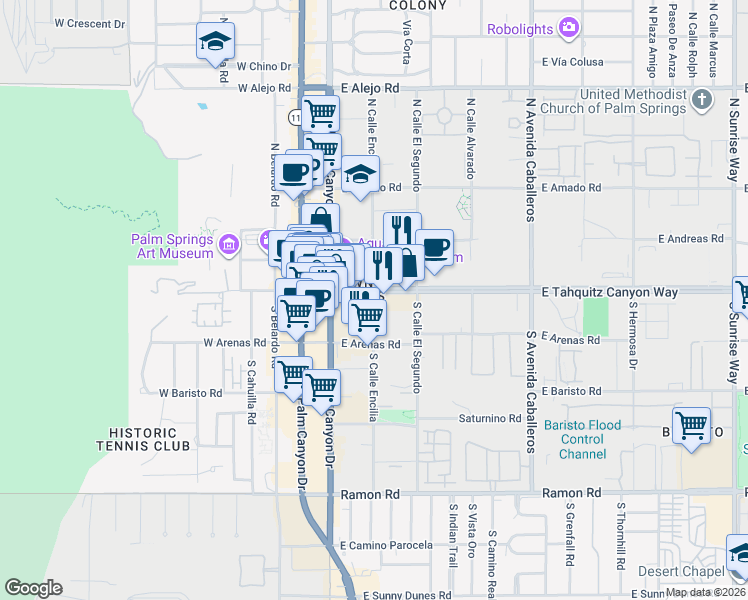 map of restaurants, bars, coffee shops, grocery stores, and more near 40 South Calle Encilia in Palm Springs