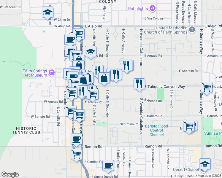 map of restaurants, bars, coffee shops, grocery stores, and more near 650 East Tahquitz Canyon Way in Palm Springs