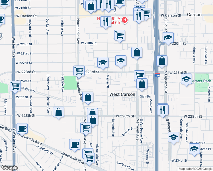 map of restaurants, bars, coffee shops, grocery stores, and more near 1102 Maxfield Street in Torrance