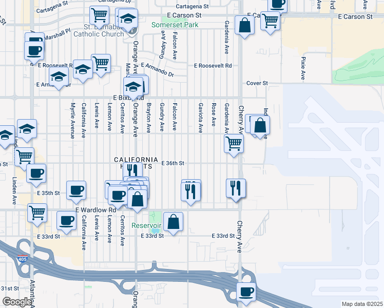 map of restaurants, bars, coffee shops, grocery stores, and more near 3618 Walnut Avenue in Long Beach