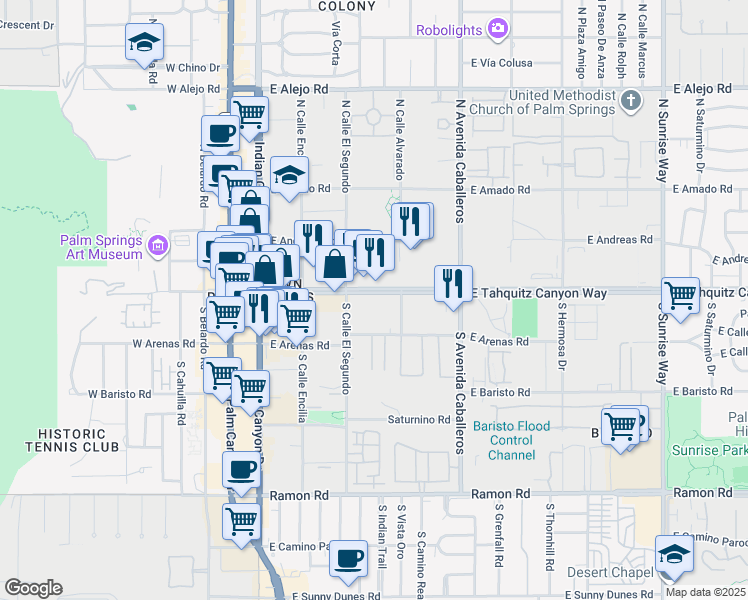 map of restaurants, bars, coffee shops, grocery stores, and more near 650 East Tahquitz Canyon Way in Palm Springs