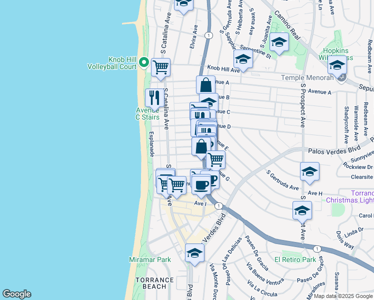 map of restaurants, bars, coffee shops, grocery stores, and more near 208 Avenue E in Redondo Beach