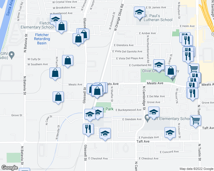 map of restaurants, bars, coffee shops, grocery stores, and more near 402 East Meats Avenue in Orange