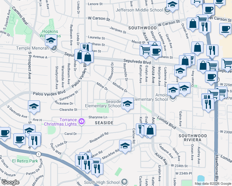 map of restaurants, bars, coffee shops, grocery stores, and more near 4727 Milne Drive in Torrance