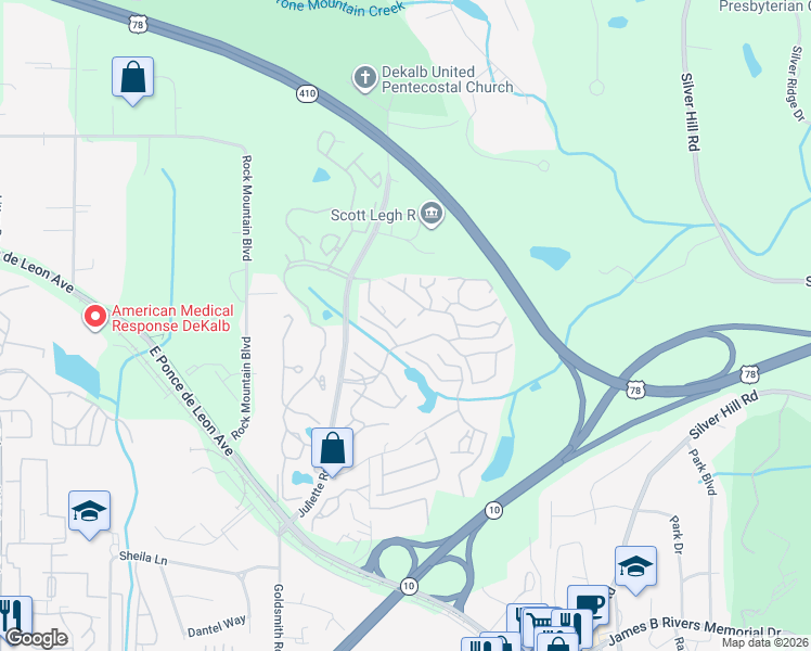 map of restaurants, bars, coffee shops, grocery stores, and more near 1405 Stone Mill Trce in Stone Mountain