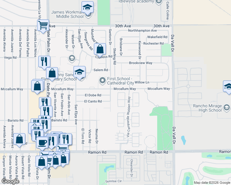 map of restaurants, bars, coffee shops, grocery stores, and more near 109 Via Palermo in Cathedral City