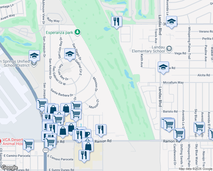 map of restaurants, bars, coffee shops, grocery stores, and more near 67417 Mission Drive in Cathedral City