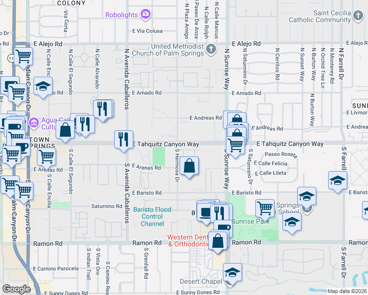 map of restaurants, bars, coffee shops, grocery stores, and more near 1300 East Tahquitz Canyon Way in Palm Springs