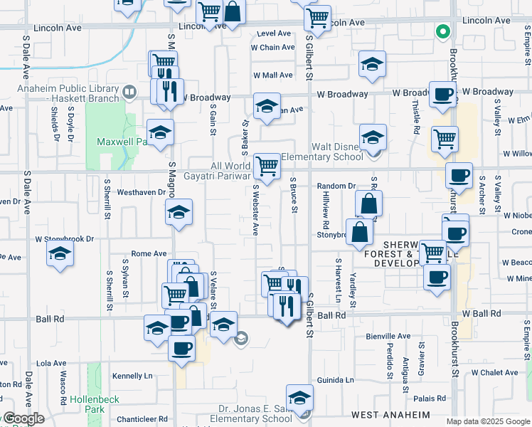 map of restaurants, bars, coffee shops, grocery stores, and more near 636 South Webster Avenue in Anaheim