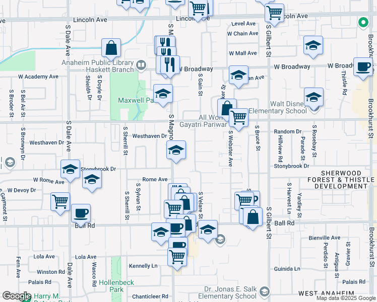 map of restaurants, bars, coffee shops, grocery stores, and more near 2580 West Orange Avenue in Anaheim