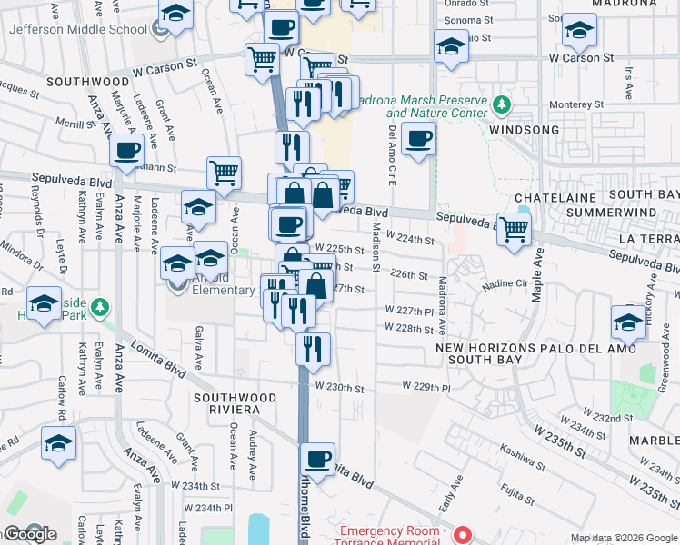 map of restaurants, bars, coffee shops, grocery stores, and more near 3718 West 225th Street in Torrance