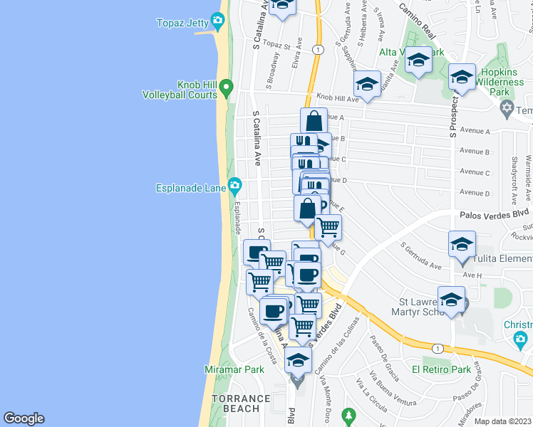 map of restaurants, bars, coffee shops, grocery stores, and more near 208 Avenue E in Redondo Beach