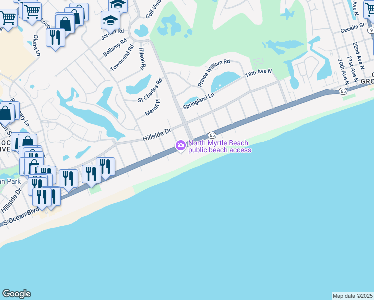 map of restaurants, bars, coffee shops, grocery stores, and more near 201 11th Avenue North in North Myrtle Beach