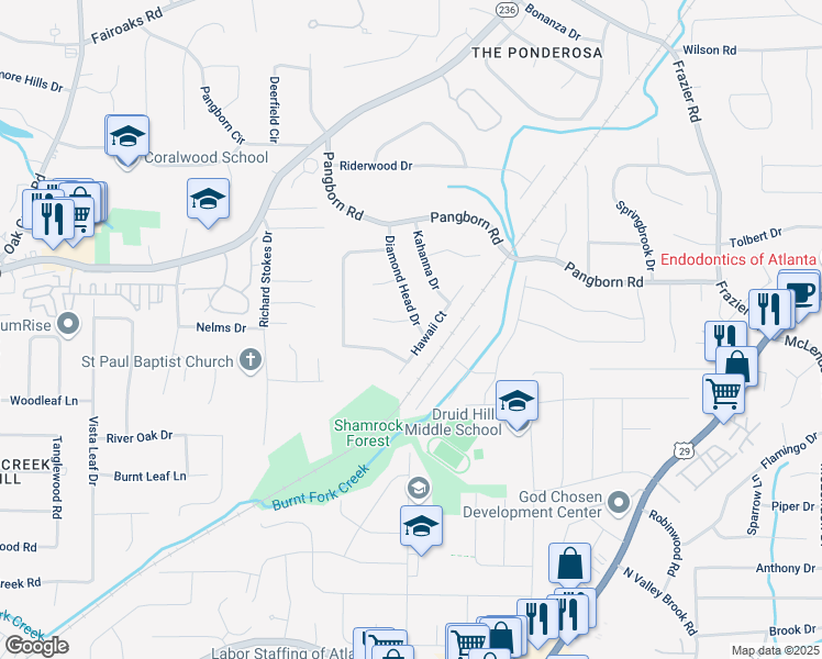 map of restaurants, bars, coffee shops, grocery stores, and more near 1436 Diamond Head Drive in Decatur